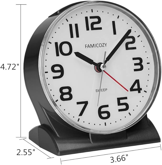 FAMICOZY 4.5" No Ticking Analog Alarm Clock,Silent Readable for Seniors,Easy to Set,Gradual Rise Alarm,Big Numbers,On/Off Switch on Side,Gentle Wake,Snooze Soft Backlight,Battery Operated,Black - Image 7