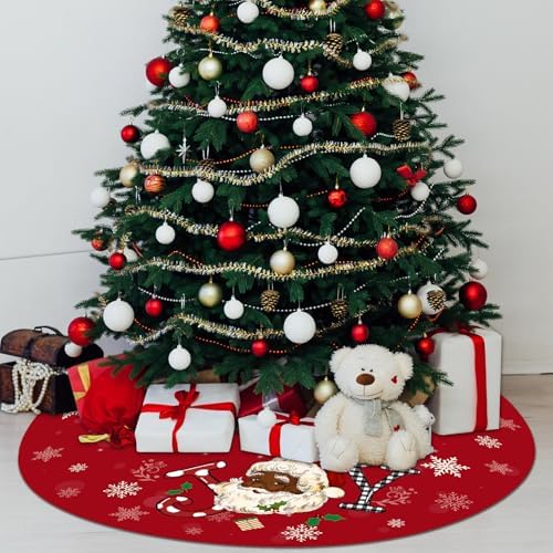 Tiamon Christmas Tree Skirt - 48 Inch Red African American Xmas Tree Mat Decor Snowflake Joy Santa Claus Decor for Winter Holiday Christmas Decoration Supplies - Image 4