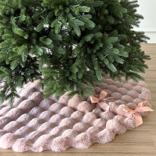 48-Inch Puff Quilt Faux Fur Christmas Tree Skirt, Soft Plush Tufted Texture with Satin Ribbon Ties, Baby Pink by StarryDynamo