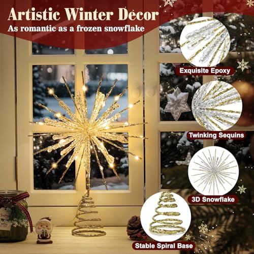 Lewondr 12" Crystal Lighted Christmas Snowflake Tree Topper, Gold - Image 3