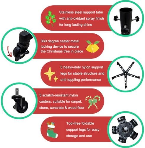 Rolling Christmas Tree Stand with 5 Wheels for up to 9 Foot Artificial Trees, Universal Heavy Duty Movable Xmas Tree Stand Base, Adjustable Fake Tree Holder Base with Rotating Casters - Image 6