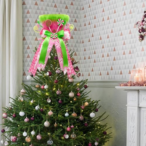 Pink Christmas Decor, Velvet Green Christmas Tree Topper Hat, Candy Cane Christmas Decorations Inddoor, Pink Ribbon Bow Topper Hat with Green Plush, Christmas Winter Holiday Decorations for Home - Image 5