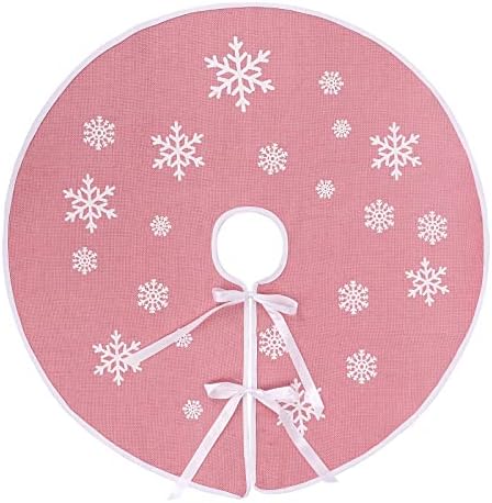 30 Inch Pink Burlap Christmas Tree Skirt with White Snowflakes by MACTING