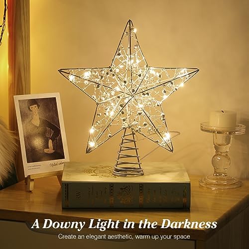 Lewondr Vintage Metal Beaded Christmas Star Tree Topper with Lights, Silver - Image 2