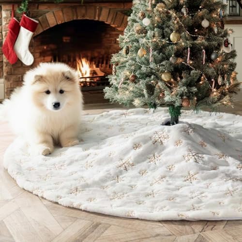 CHICHIC 36 Inch Large Christmas Tree Skirt White Tree Skirt Xmas Faux Fur Tree Skirts Christmas Decorations for Holiday Tree Ornaments Christmas Party Home Decorations with Sequin Gold Snowflakes - Image 2