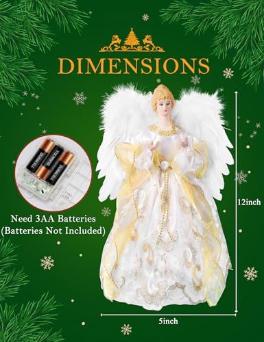 PEEKI Christmas Tree Topper, 12" Angel Treetop with Lights and Remote Control Timer, Christmas Tree Decoration for Holiday Ornament and Home Decor, Gold - Image 6