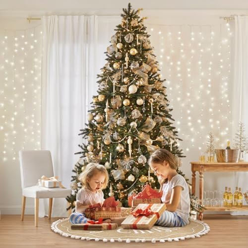AerWo Christmas Tree Skirt 48 Inches, Burlap Tree Skirt Printed with White Snowflake and Merry Christmas Decor, Brown Tree Skirt for Christmas Decorations New Year Holiday Party Supply Indoor Outdoor - Image 4