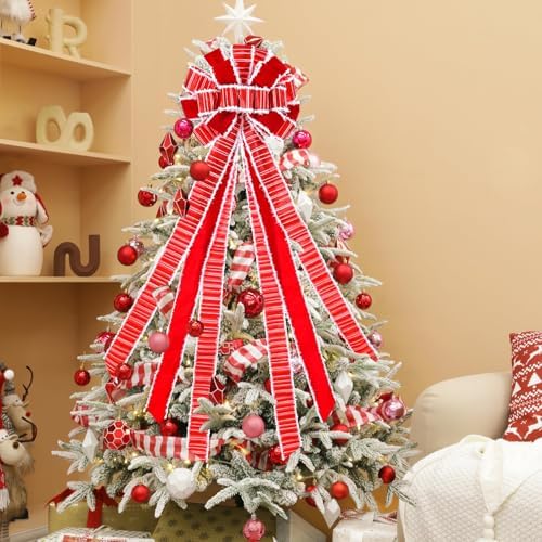 Christmas Tree Topper Wreath Bow Large Red Christmas Bow Tree Topper, Burlap with White Polyester Edge Gift Bows for Xmas Ornament Holiday Home Thanksgiving Indoor/Outdoor Decor 45x13 Inches - Image 5