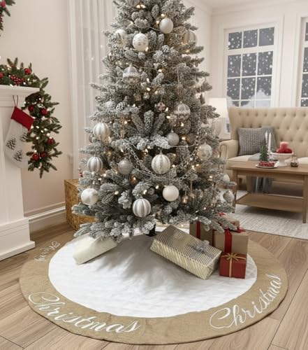 48 Inch Christmas Tree Skirt White Thick Luxury Quilted Cotton with Burlap Decoration for Merry Christmas Party Christmas Tree Skirt Decorations - Image 2