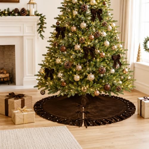 Christmas Tree Skirt, Dark Brown Velvet with Ruffled Pearl Trim, 60 Inch - Image 6