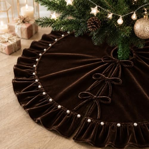 Chocolate Brown Velvet Christmas Tree Skirt 48 Inch – Pearl Beaded Ruffle Trim Xmas Tree Skirt with Bows, Festive Christmas Tree Base Cover for Holiday Party Home Decorations - 122cm - Image 2