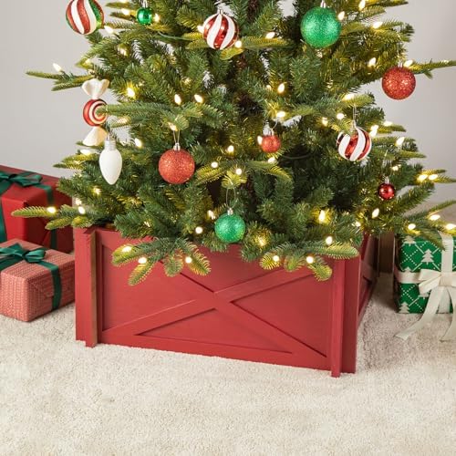 Glitzhome Christmas Tree Collar, Tree Collars for Artificial Trees, Christmas Tree Base Cover, 24.5" L Red Farmhouse Handcrafted Wooden Tree Collar Christmas Tree Skirt Collar for 7.5ft Tree by Glitzhome