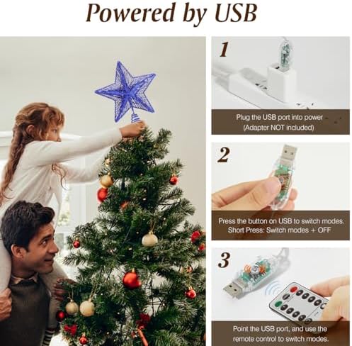 Lewondr Lighted Christmas Star Tree Topper with Remote & Timer, Blue - Image 5