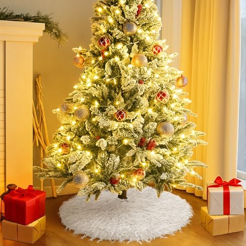 White Feathers Plush Christmas Tree Skirt Soft Fluffy Faux Fur Xmas Tree Skirt 24 Inch for Christmas Holiday Party Decorations - Image 3
