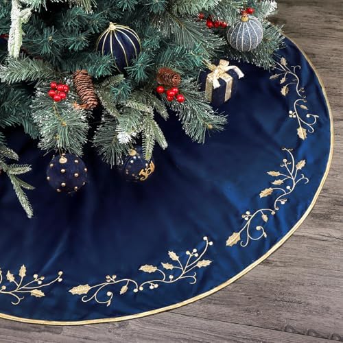 Bunny Chorus Christmas Tree Skirt, 48 inches Large Velvet Fur Plush Blue Tree Skirt, Xmas Tree Skirts with Gold Embroidered Holly Leaf for Merry Christmas Party Christmas Tree Decorations by Ivenf