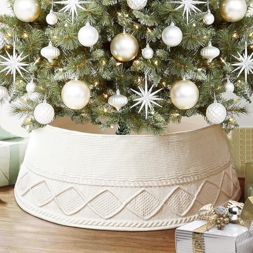 NIBESSER Knit Christmas Tree Collar White 30 Inches Ivory Tree Skirt Ring Tree Basket Plastics Sheets with Collar Cover Holiday Home Party Christmas Tree Decoration Xmas Ornaments by NIBESSER