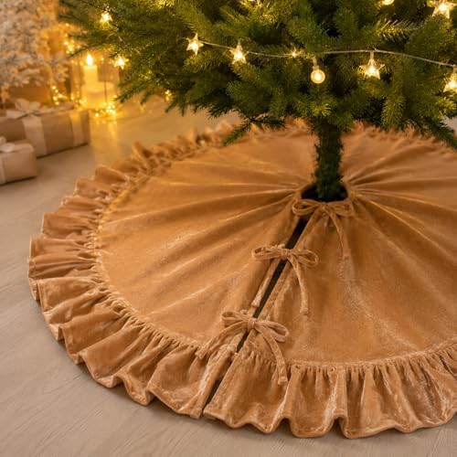 48-Inch Khaki Ruffled Velvet Christmas Tree Skirt with 3 Bow Ties, Large Round Vintage Xmas Tree Base Cover for Holiday Home and Party Decor, 122 cm by AtiMing