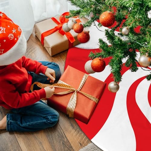 Christmas Tree Skirt 48 Inch Red and White Swirl Sweet Candy Cane Xmas Tree Mat for Winter Holiday Party Home Decorations - Image 4