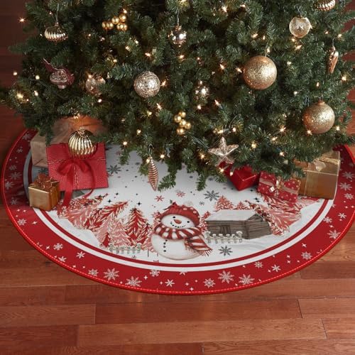 AVOIN colorlife Red Snowflake Snowman Cardinal Christmas Tree Skirt 48 Inch - Image 5