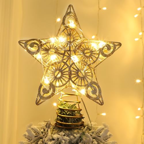 Juegoal Star Tree Topper with 20 LED Lights, Metal Golden Lighted Treetop Ornaments, Battery Powered Light Up Christmas Tree Decorations, 6.5 x 6.5 Inches by Juegoal
