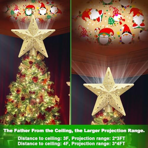 10" Christmas Tree Topper Projector with 6 Projection Modes, Built-in LED Rotating Light, 3D Glitter Dynamic Projector Light Up Tree Topper Star for Xmas Holiday Party Decorations Gifts (Gold) - Image 4