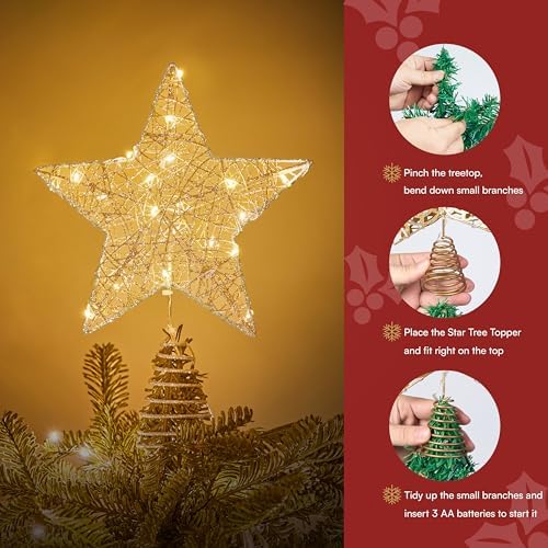 Joiedomi 8 inch Christmas Glitter Star Tree Toppers, Battery Powered Metal Silver Star Lighted with LED Warm White Lights for Xmas Decorations, Holiday Party Indoor Decor - Image 2