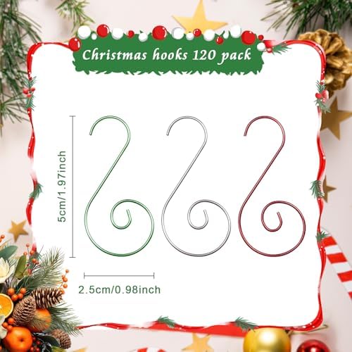 Christmas Ornament Hooks, Christmas Ornament Hangers 120Pcs, Mix Color Small Metal Decorative Ornament Hooks for Xmas Tree Decorations-Silver & Green & Red - Image 6