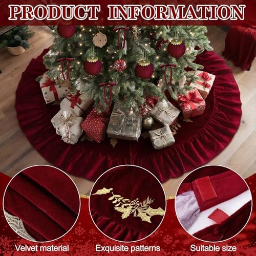 Velvet Christmas Tree Skirt Red Wine Gold Fur Plush Tree Skirt Luxury Xmas Skirts for Merry Christmas Party Vintage Holiday Decorations (72 Inches,Gold Embroidered Holly Style,Red) - Image 4