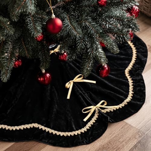 Arrowbash 48 Inch Black Christmas Tree Skirt Velvet Fur Scallop Tree Skirt Sparking Gold Lace Trim for Party Rustic Xmas Holiday Decorations All Year by Arrowbash