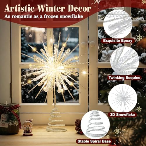 Lewondr 12" Crystal Lighted Christmas Snowflake Tree Toppers, White - Image 3