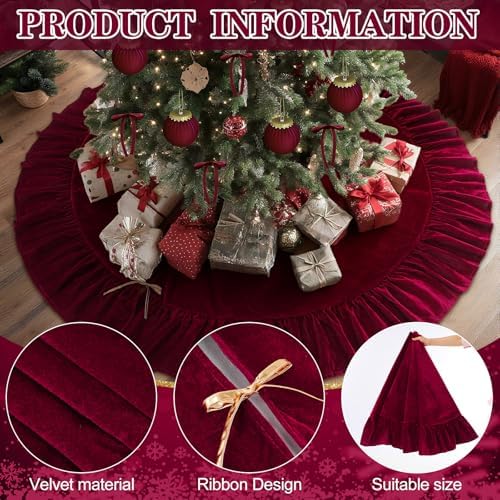 Velvet Christmas Tree Skirt, 72 Inches, Bow Style, Red - Image 3