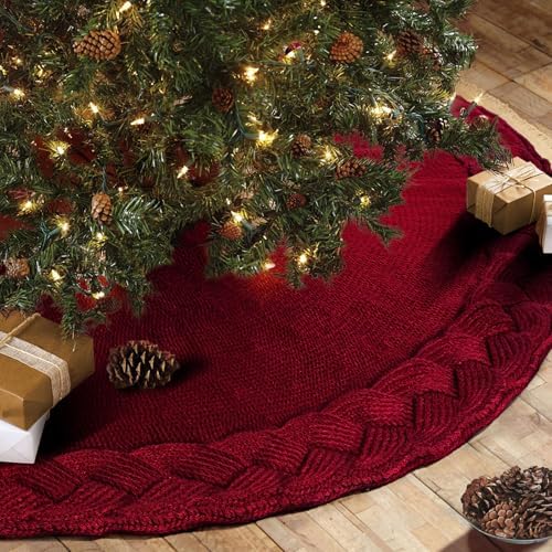 NIBESSER Knit Tree Skirt Red 48" Christmas Tree Skirt Red Knitted Tree Skirt Mat for Christmas Decorations Yarn Thick Rustic Cable Knit Tree Mat for Home Party Holiday Ornaments by NIBESSER