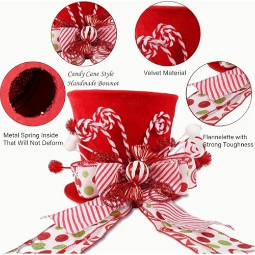 Christmas Candy Canes Tree Topper Velvet Red Hat with Peppermint Bows Ornament Santa Hat Tree Topper for Home Office Holiday Xmas Gift Tree Decoration (Red, 25cmx21cmx21cm) - Image 2