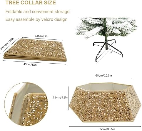 Champagne Gold Christmas Tree Collar with Sparkling Sequins,Christmas Tree Collars for Atificial Trees, 33.5 Inch Christmas Tree Skirt, Xmas Tree Stand Base Cover,Holiday Home Decor Tree Ring(Large) - Image 3