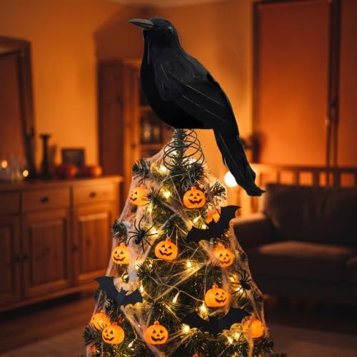 Halloween Black Crow Tree Topper Gothic Black Feathered Crow Christmas Tree Topper Raven Tree Top Ornament with Spring Base for Spooky Halloween Christmas Decor, 10 Inches - Image 3