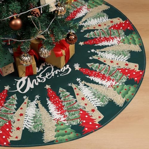 Multiwins Christmas Tree Skirt 48 Inch, Green Tree Skirt with Snowflake and Christmas Tree Design, Thick Flannel Fabric, Rustic Farmhouse Xmas Tree Skirt for Holiday Christmas Decorations by multiwins