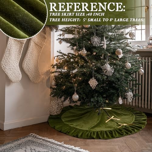 Velvet Christmas Tree Skirt, 48 Inches, Bow Style, Olive Green - Image 4