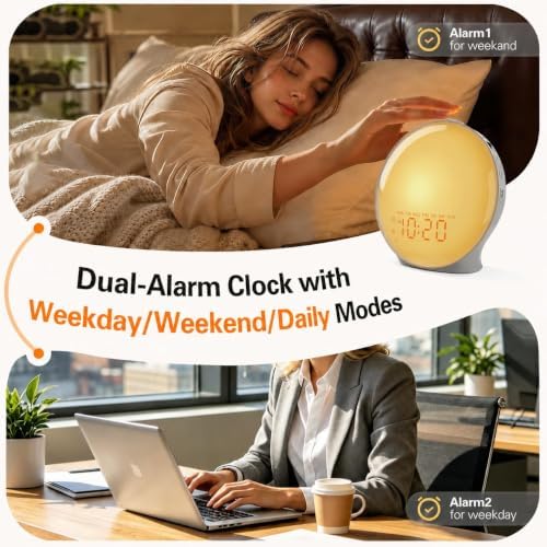 JALL Full-Screen Wake Up Light Sunrise Alarm Clocks for Bedrooms, White Noise Machine for Heavy Sleepers, 25 Natural Sounds, Dual Alarms, FM Radio, 17 Dimmable Colors, Bluetooth Speaker - Image 3