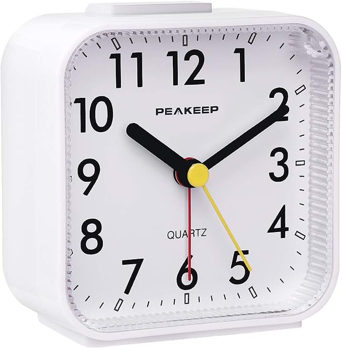 Peakeep Small Battery Operated Analog Travel Alarm Clock Silent | No Ticking, Lighted on Demand and Snooze, Beep Sounds, Gentle Wake, Ascending Alarm, Easy Set (White) - Image 2