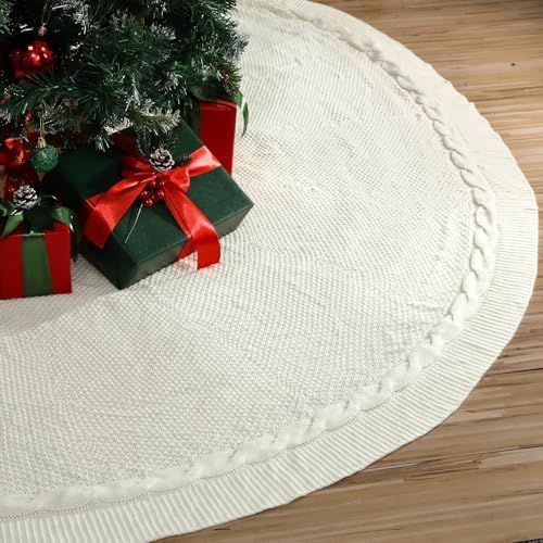 72 Inch Christmas Tree Skirt Extra Large White Chunky Xmas Knitted Tree Skirt Giant Cable Knit Thick Rustic Farmhouse Xmas Ornaments for Home Merry Christmas Holiday Winter Party Decorations by Bornerwhite