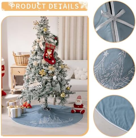 CROWNED BEAUTY 48 Inch Blue Velvet Christmas Tree Skirt, Tree Embroidery - Image 4