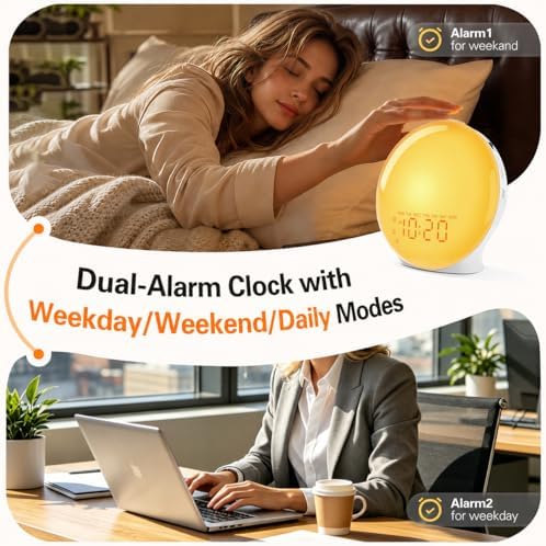 JALL Full-Screen Wake Up Light Sunrise Alarm Clocks for Bedrooms, White Noise Machine for Heavy Sleepers, 25 Natural Sounds, Dual Alarms, FM Radio, 17 Dimmable Colors, Bluetooth Speaker, Metallic Gray - Image 3
