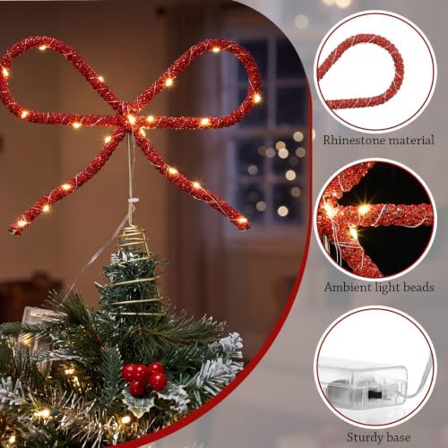 Retisee 9.8 Inch Bow Christmas Tree Topper LED Rhinestone Decor, Red - Image 3