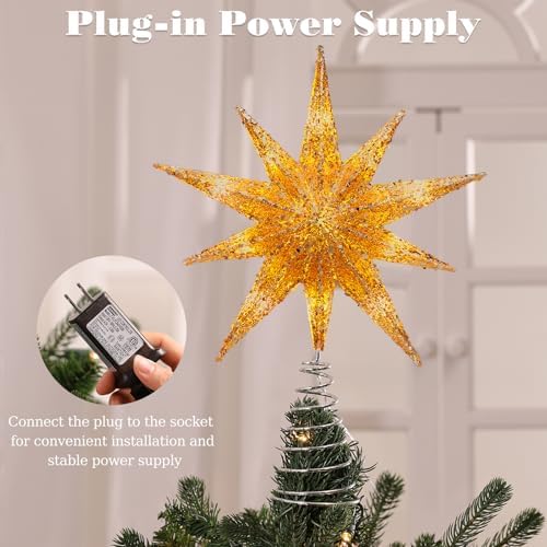 Lewondr Christmas Tree Topper Star, 13 Inch 10-Pointed Light Up Xmas Star Treetop with Plug and Remote Control for Home Christmas Decoration, 6H Timer & 8 Lighting Modes, Warm Light, Gold - Image 4
