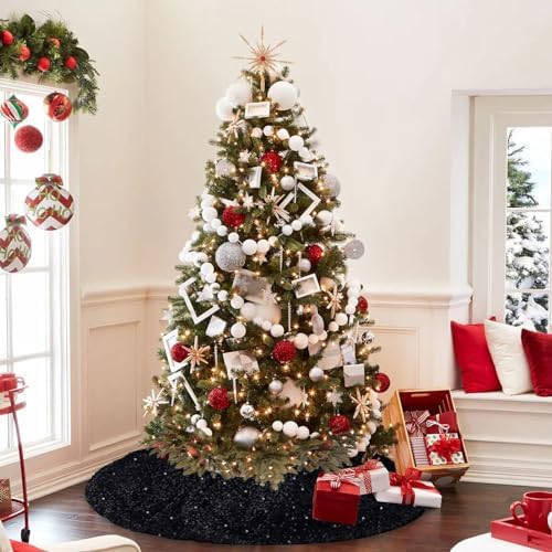 Halloween Tree Skirt 48 Inch Black Sequin Xmas Tree Skirt Soft Velvet Fabric Large Glitter Tree Skirts for 6ft Christmas Tree Decor - Image 7