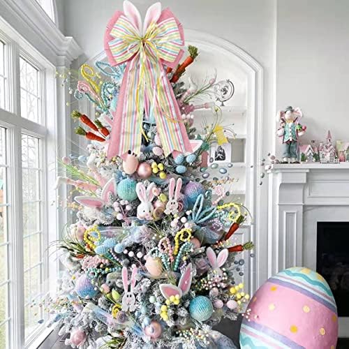 Easter Bows for Wreaths Decorations,Easter Tree Topper Bow,Decorative Bow with Bunny Ears Pink Burlap for Spring Home Front Door Outdoor - Image 5