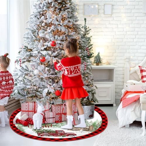 Blosssound Christmas Tree Skirt Buffalo Plaid Retro Red Truck Xmas Tree Skirt for Winter Holiday Farmhouse Christmas Party Decoration (48 Inch,Truck,Red Black) - Image 4