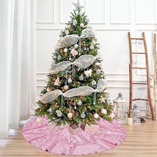 Christmas Tree Skirt Pink 36 Inch Sequin Fabric Glitter Tree Skirts Xmas - Image 2
