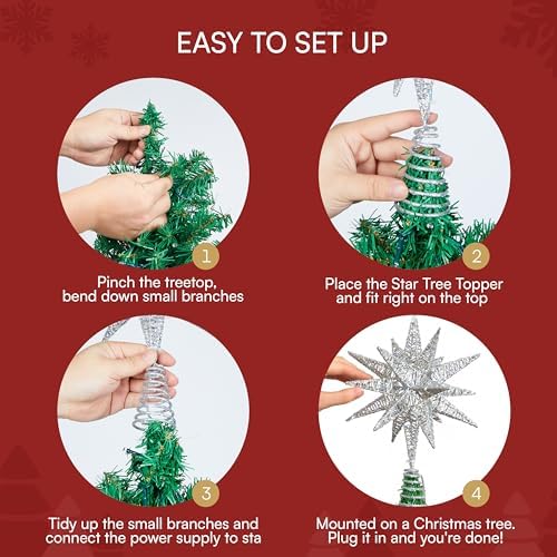 JOIEDOMI 7.8" Metal 3D Silver Glitter Star Christmas Tree Topper Decor, 56 LED Light with Plug Timer Ornaments Treetop Decorations Home Holiday Party Indoor - Image 6