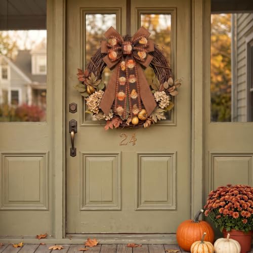 Large Thanksgiving Fall Wreath Bow, Orange Scarecrow Tree Topper Bows - Image 3